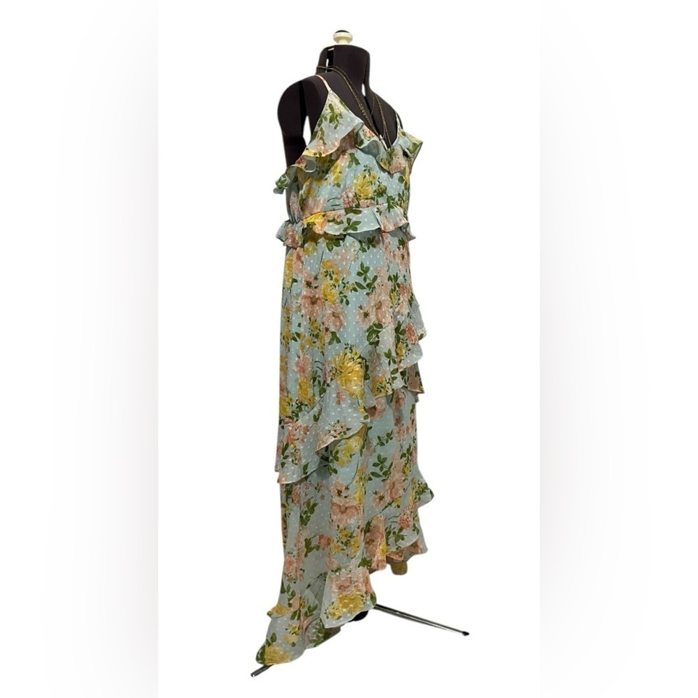 By The River Blossom In Time Blue Multi Floral Ruffle Tiered Midi Dress Size L - Picture 8 of 14